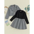 thumbnail image 3 of Bslissey Little Girls 2Pcs Outfits Houndstooth Patchwork Long Sleeve A-line Dress + Button Lapel Tweed Coat 4T 5T 6T 7T Toddler Kids Casual Daily Clothes, 3 of 9