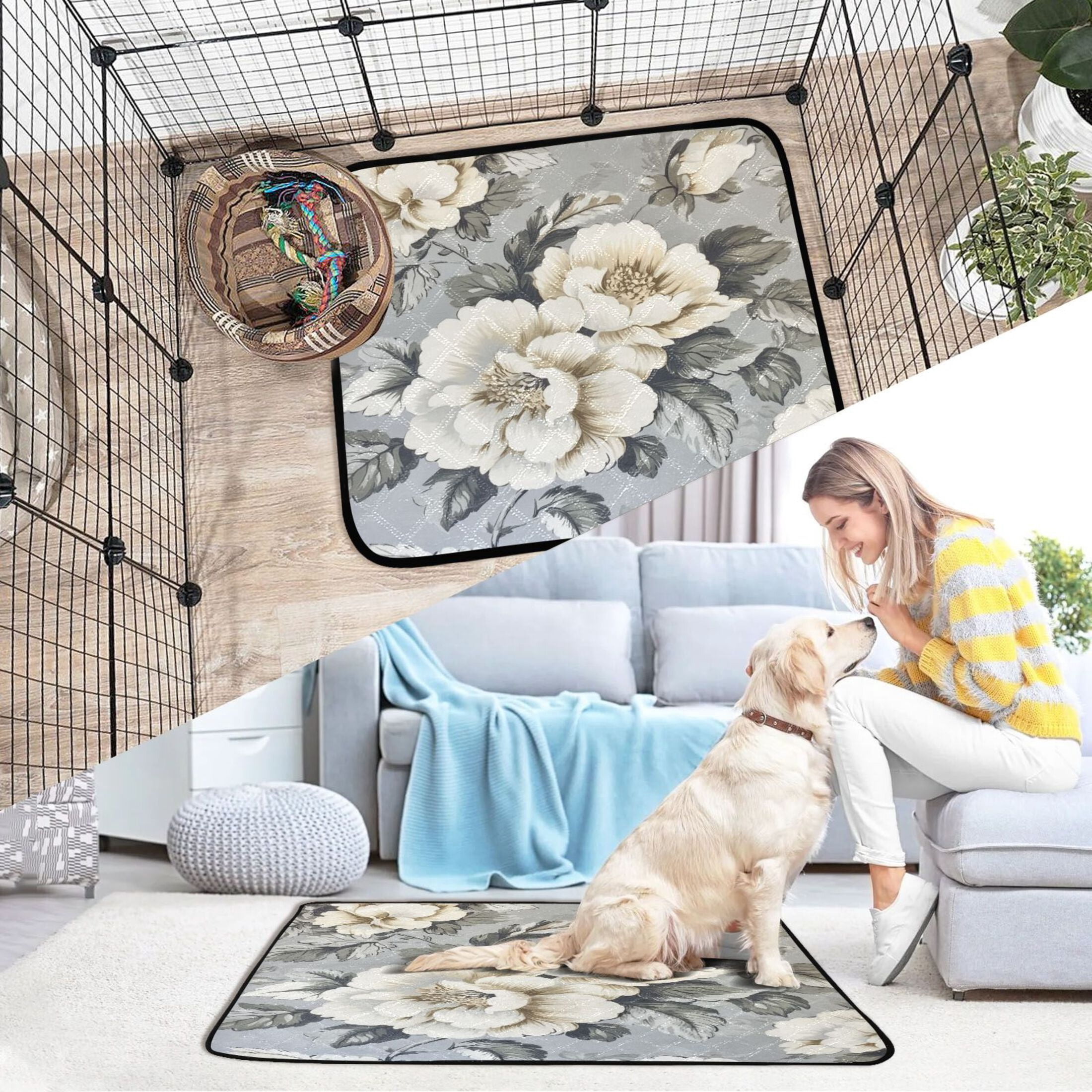 Qxltty White Peony Pattern Cat litter Pads Pet Set of 3 Diaper Mats Center Anti-leakage Layer Absorbent Soft and Comfortable
