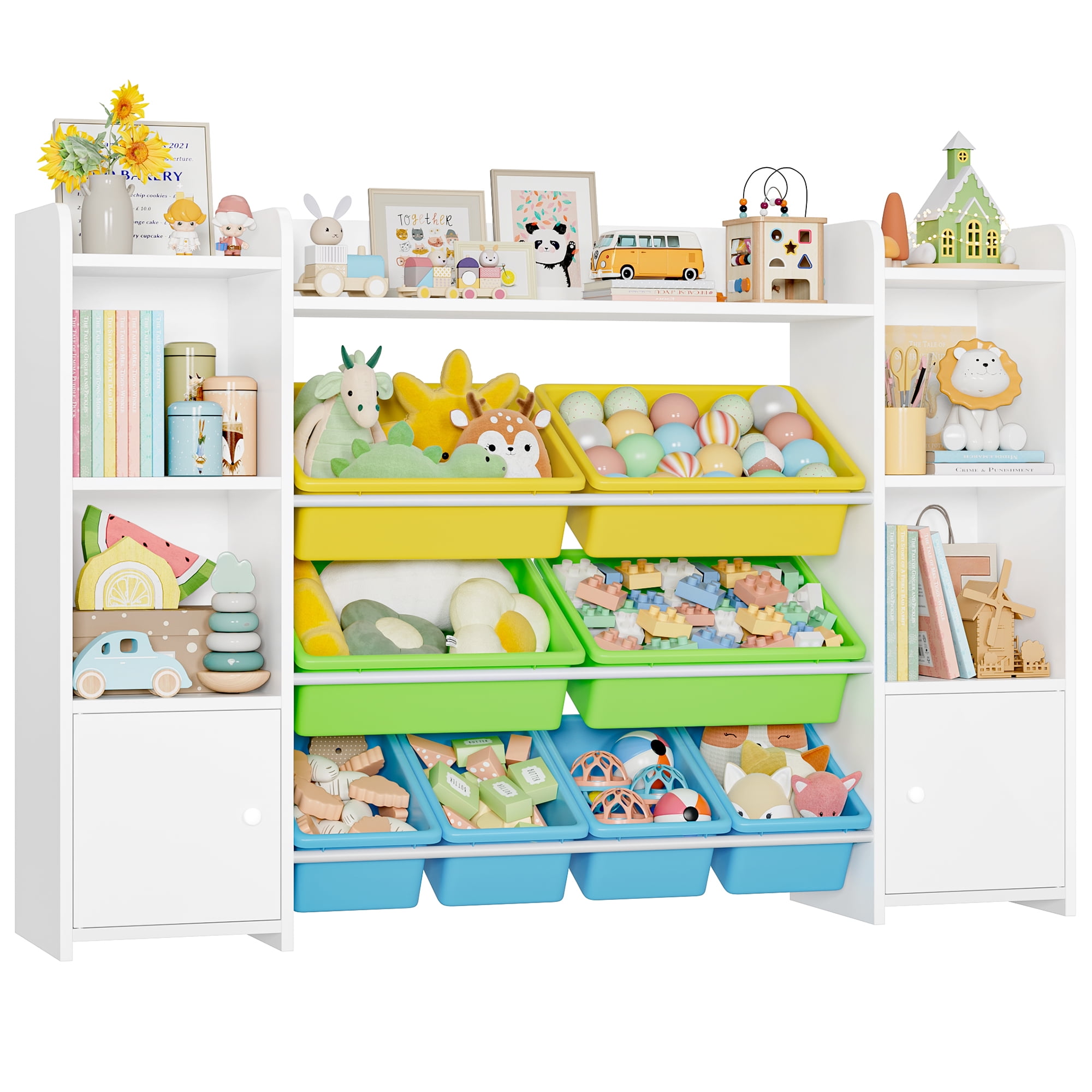 Homfa Kids Toy Organization Cubby Bookcase with 8 Bin, 2 Door White Storage Organizer Bookshelf for Children Room Playroom