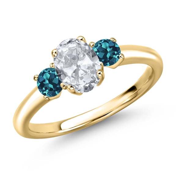 Gem Stone King 10K Yellow Gold White Topaz and London Blue Topaz Engagement Ring for Women | 1.44 Cttw | Oval 7X5MM | Gemstone November Birthstone | Size 7