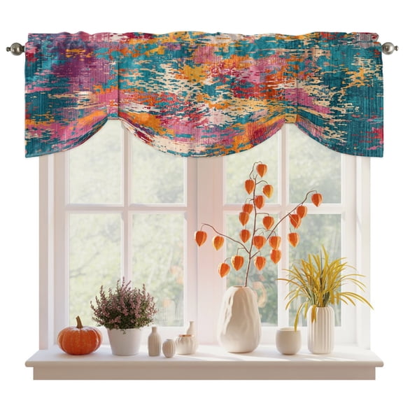 Teal Red Yellow Copper Rust Tie Up Valance Curtains for Windows, Kitchen Curtains Window Treatments, Abstract Vintage Mottled Art Short Window Shades Valances for Bedroom Bathroom Cafe 54"x18"