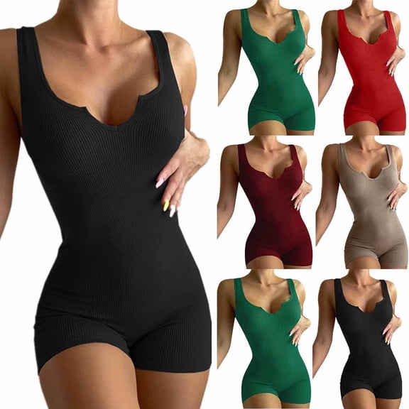 Daiosportswear Womens Ribbed Sleeveless Bodysuit Stretch Leotard Shorts Romper Jumpsuit,Shorts for Women