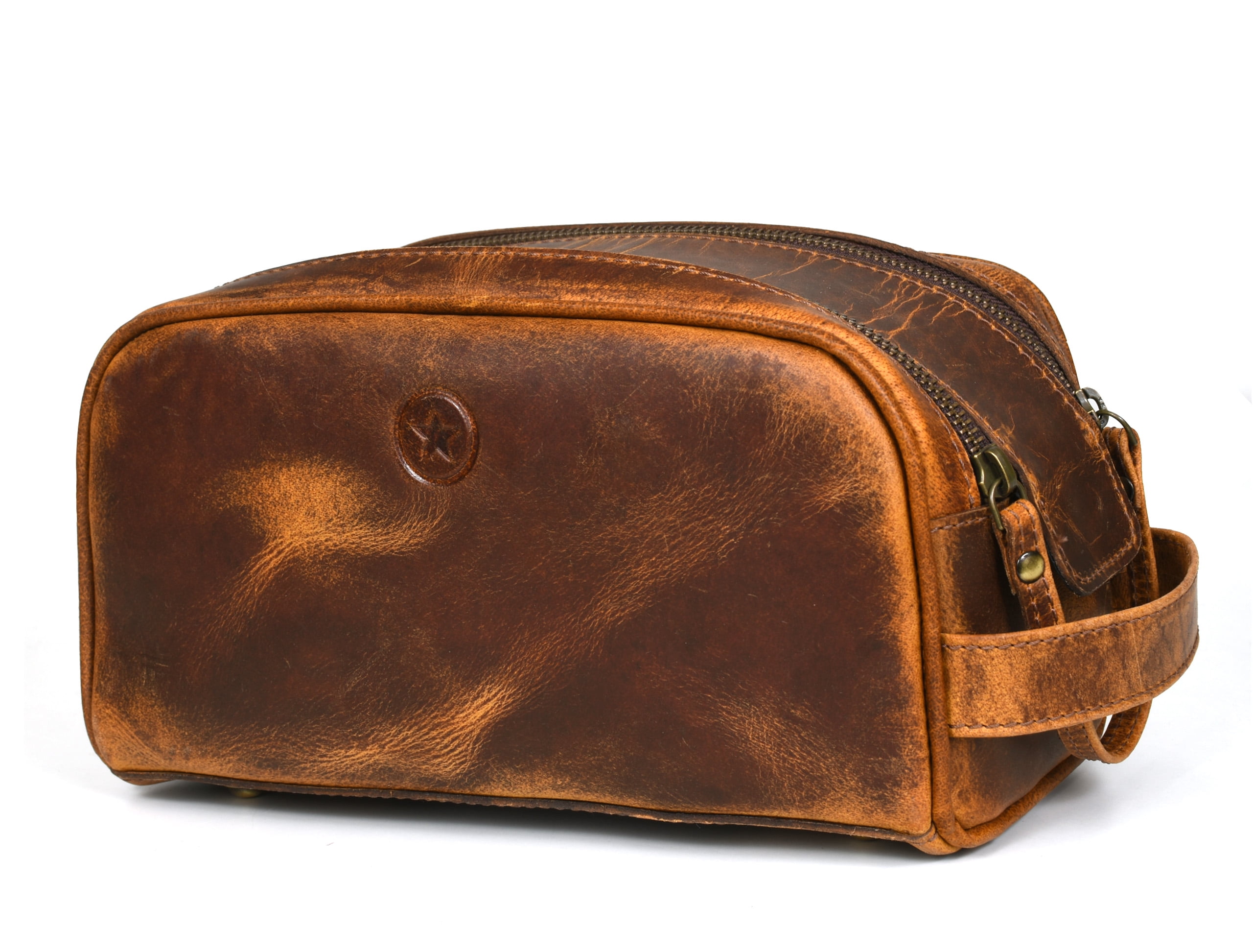 Aaron Leather Goods Genuine Leather Toiletry Bag - Caramel