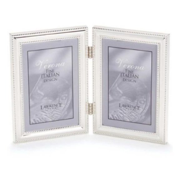 4x6 Hinged Double - Vertical - Metal Picture Frame Silver-Plate with Delicate Beading