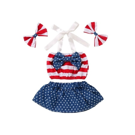 

Toddler Kids Baby Girls 4th of July Outfit Straps Bowknot Stars Striped Dress Independence Day Clothes Sundress