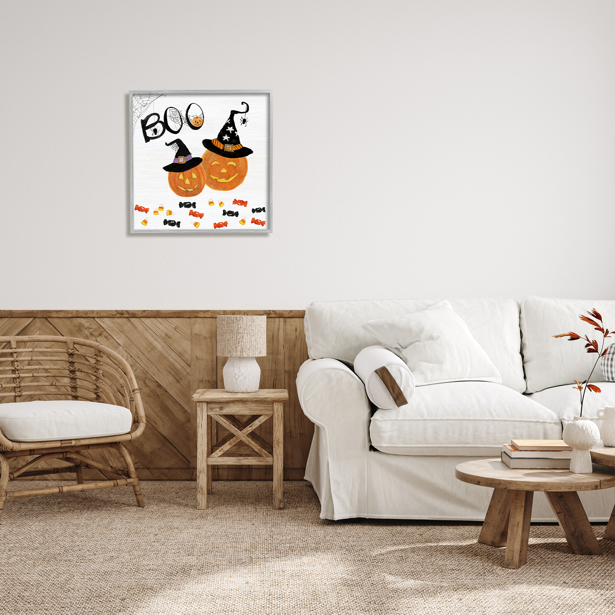 Stupell Indtries Boo Phrase with Orange Pumpkins Witch Hats,24 x 24,Design by Sally Swatland