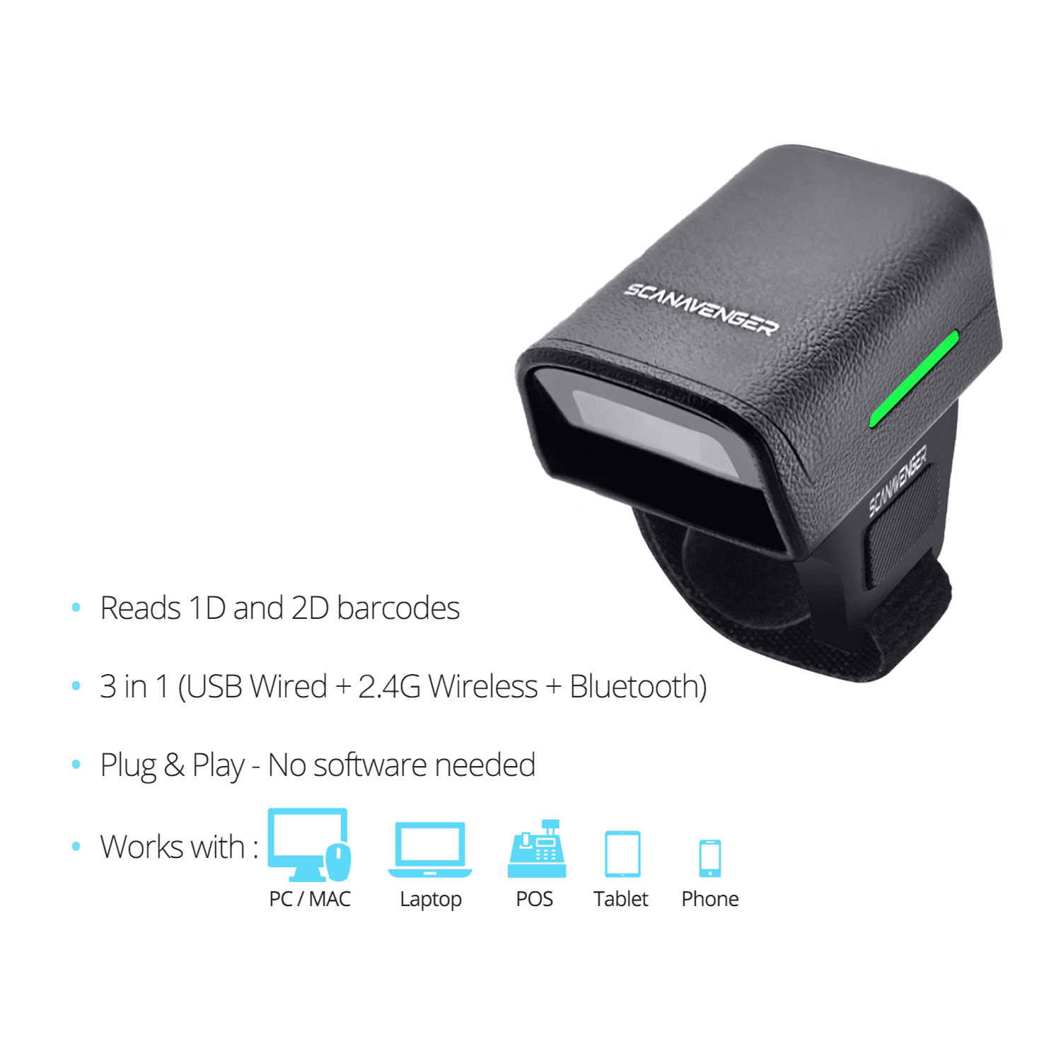 ScanAvenger SA1200 Wireless 1D/2D Ring Barcode Scanner – Bluetooth, Wi-Fi, USB, Wearable, With accessories