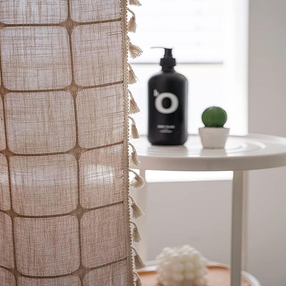 Zrodlmo Boho Farmhouse Shower Curtain with Hooks Rustic Cottagecore Fabric Bathroom Curtain with Tassels, 72" x 72", Beige