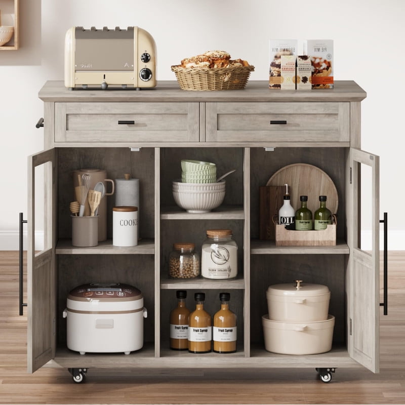 TROPOW Kitchen Island Cart on Wheels with Foldable Table, 2-Tier Rolling Kitchen Cart with Storage Shelf & Towel Rack, Mobile Workstation for Small Spaces