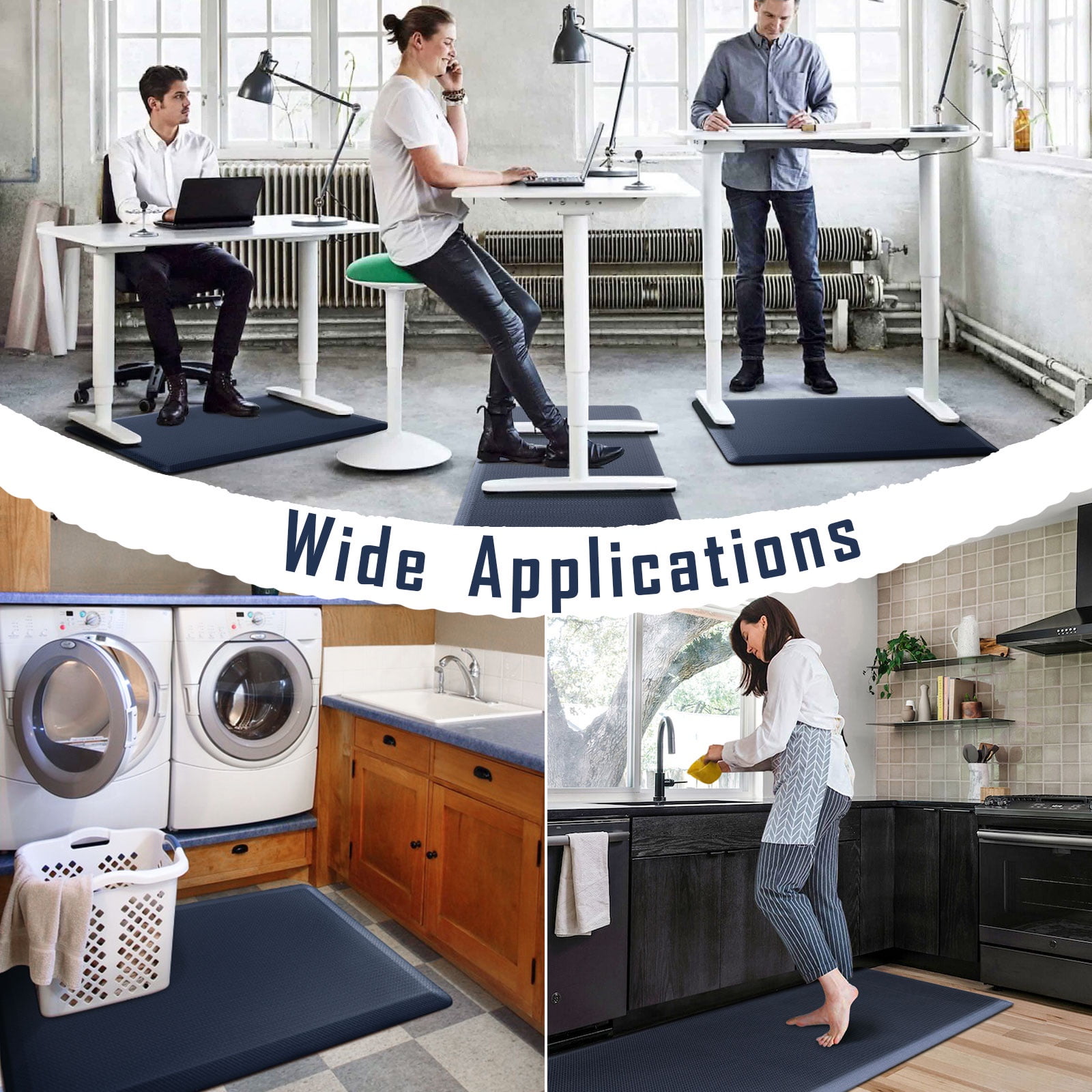 Carvapet Anti-Fatigue Floor Mat Cushioned Kitchen Comfort Mat, Waterproof Non-Slip Standing Desk Foam Mats and Rugs, Navy Blue, 17.3"x28"