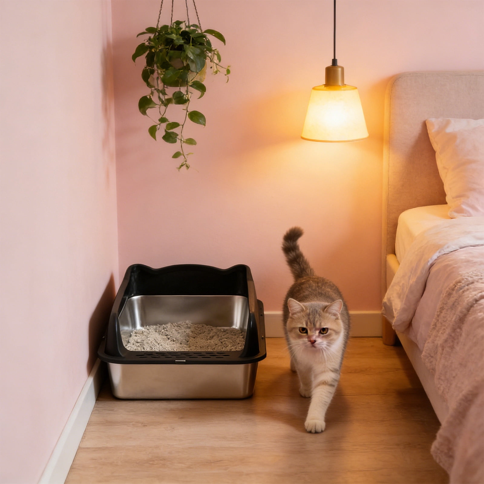 Stainless Steel Semi Enclosed Cats Litter Box High Wall Oppose Scatter Odor Control Kitty Litter Pan Non Slide Base Foolproof Clean Designs Black