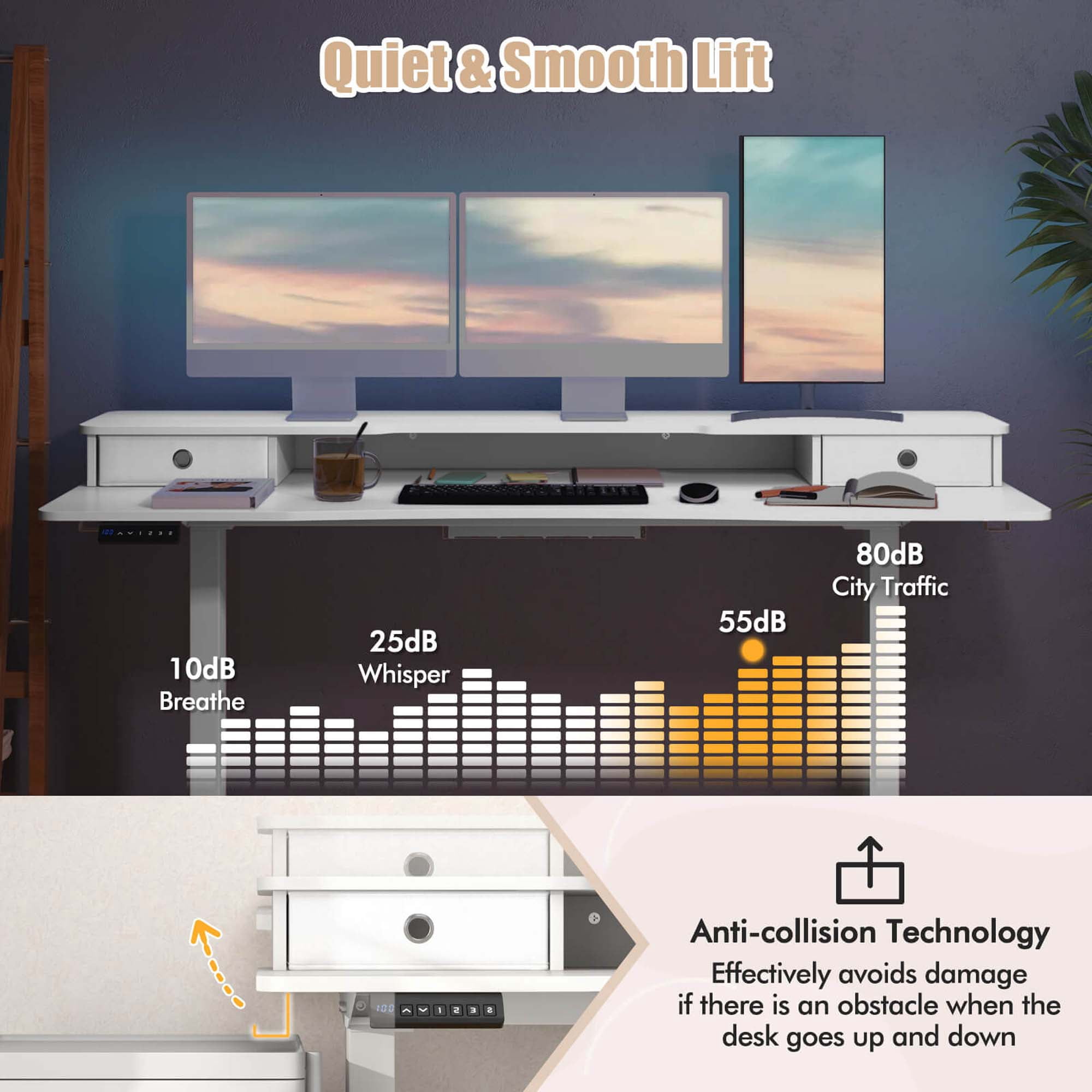 Costway 63" x 24" Electric Standing Desk with 2 Drawers Monitor Stand Storage Shelf White