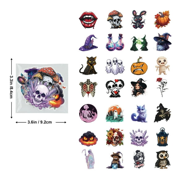 50 Sheets Halloween PET Horror Aesthetic Cartoon Stickers - Witch and Skull DIY Decorative Stickers for Luggage and Notebooks
