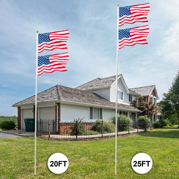 20FT/25FT Sectional Flag Pole Heavy Duty Aluminum Flagpole Halyard Golden Ball Kit with 2 USA Flags Set