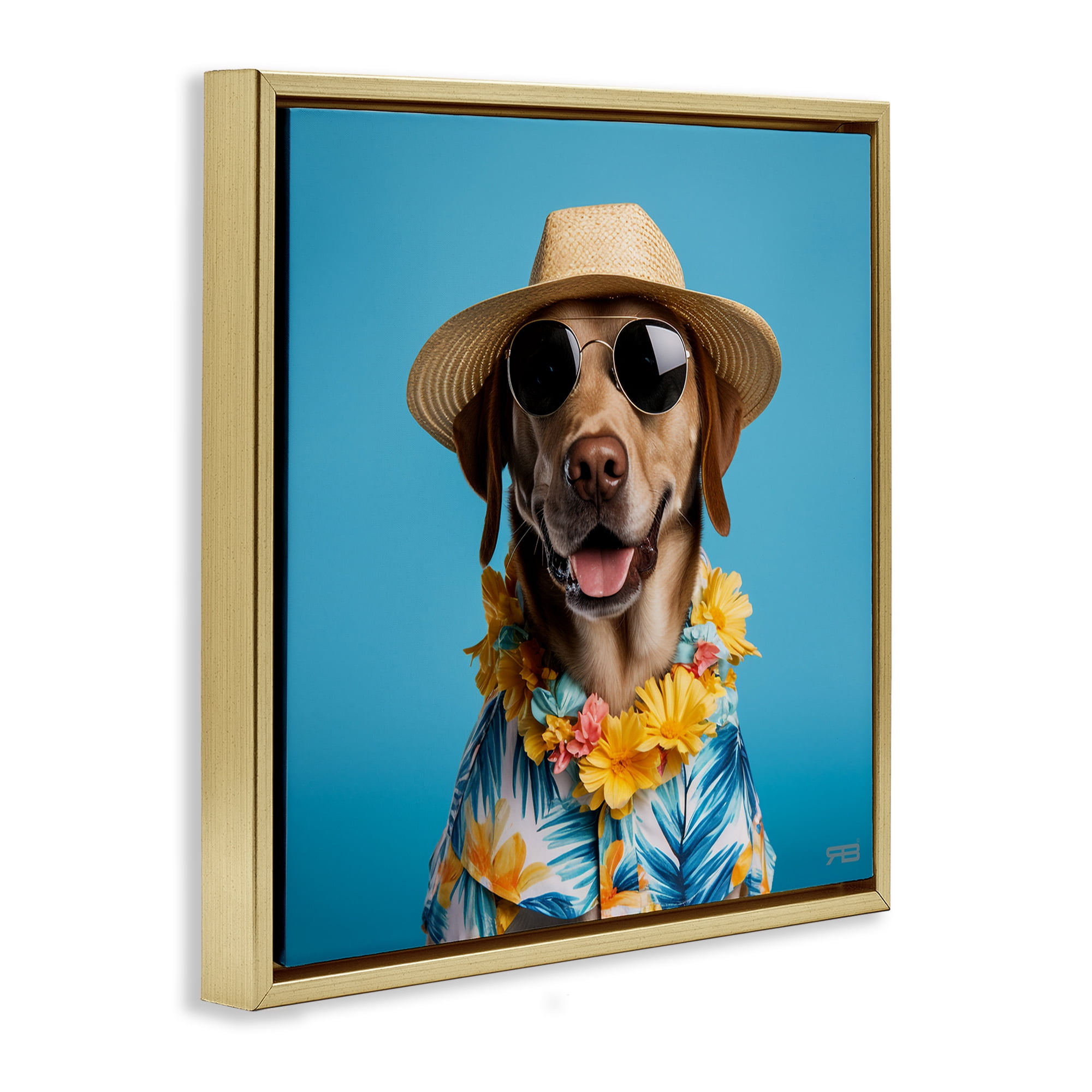 Stupell Industries Dog with Aloha Shirt Animals & Insects Painting Gold Floater Framed Canvas Art Print Wall Art, 18 x 18