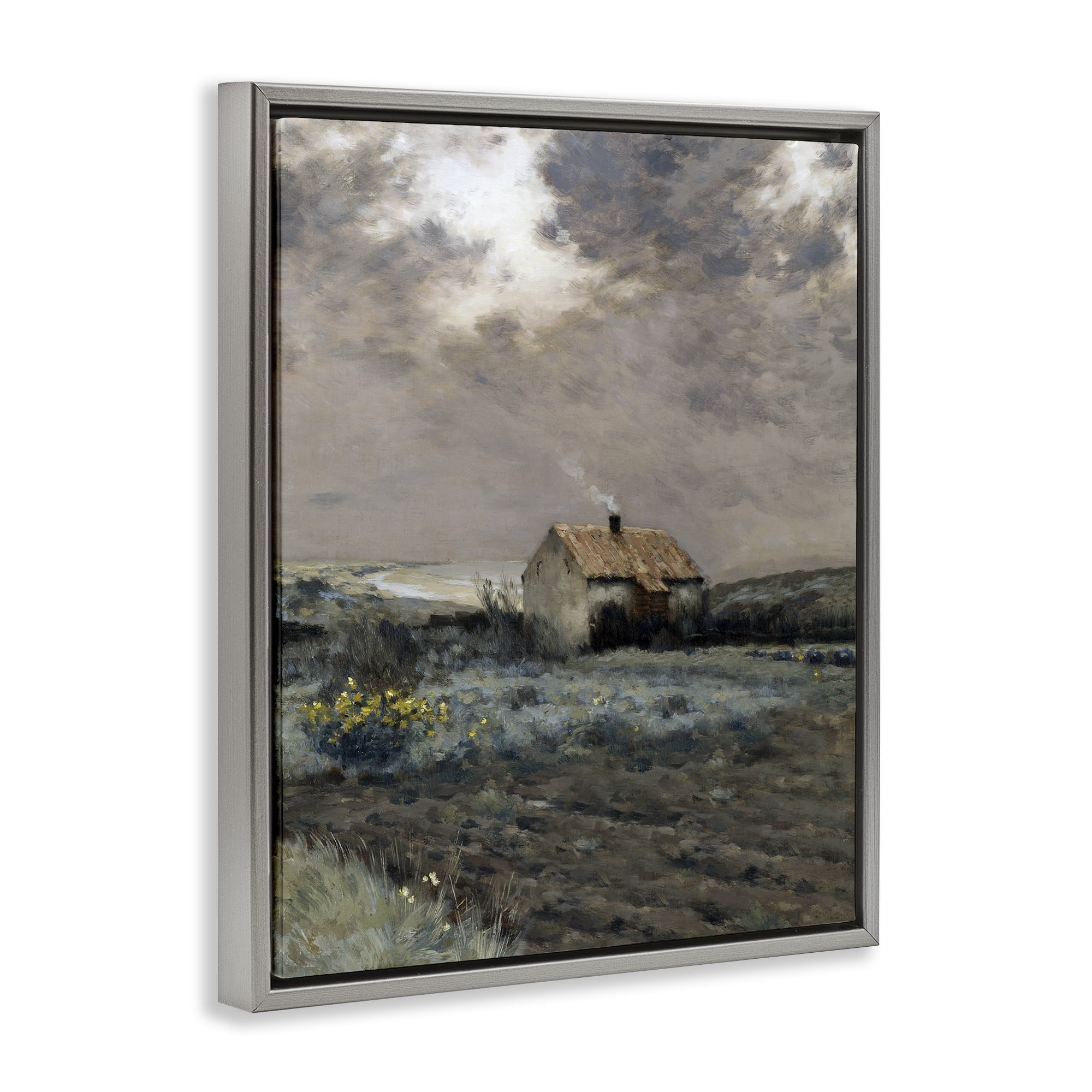 Cabin in Overcast Field Gray Framed Floater Canvas Wall Art, design by Lettered and Lined