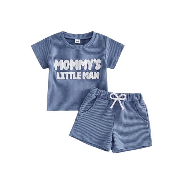 BemeyourBBs Toddler Baby Boy Mama'sLittle Man Outfits Newborn Infant Boy Summer Clothes Waffle Knit Short Sleeve Letter Embroidery T-Shirt Shorts Set 2Pcs