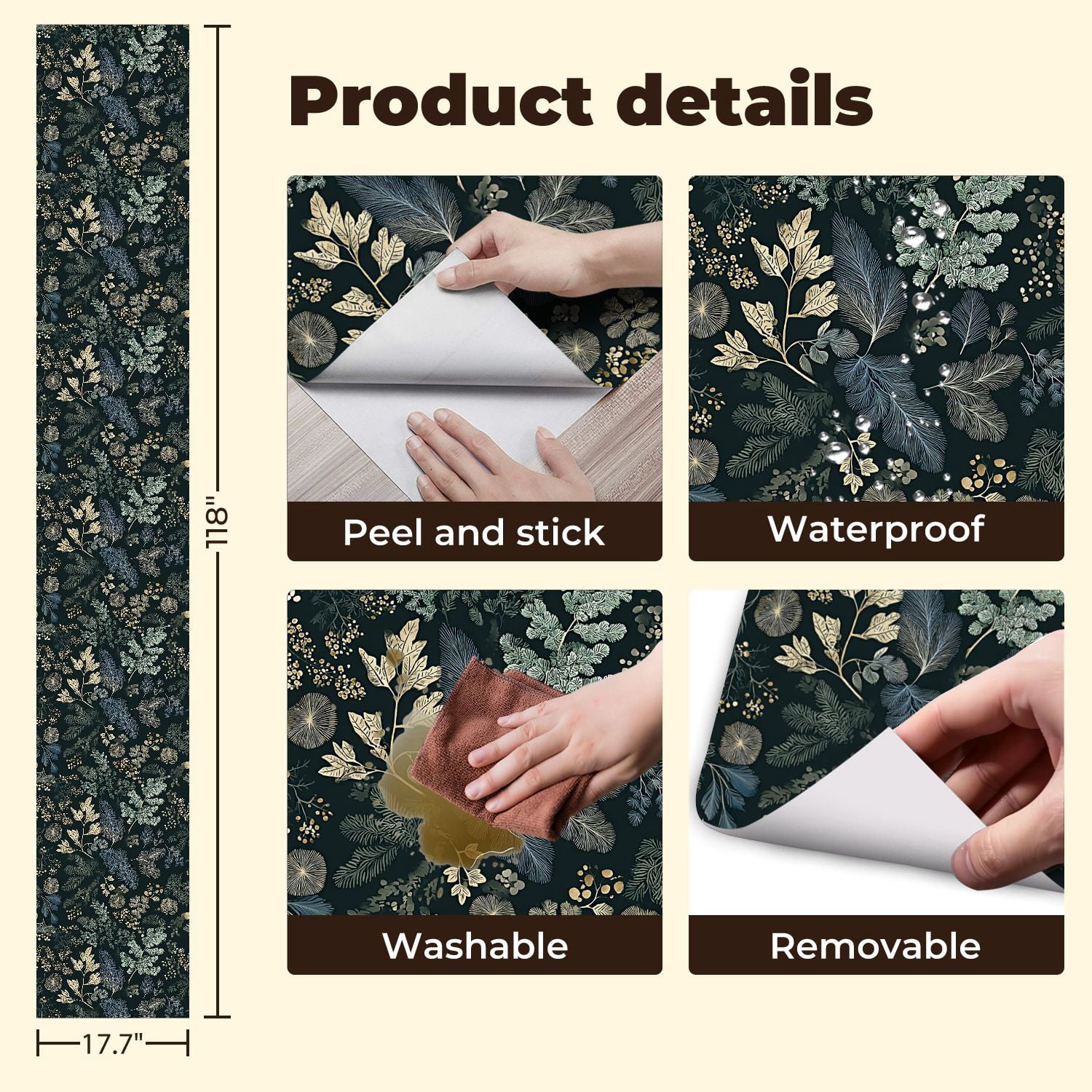 Woodland Peel and Stick Wallpaper 17.7in x 9.8ft Botanical Leaf Gold Accents Dark Green Contact Paper Vinyl Waterproof Self Adhesive Wall Paper for Bedroom Shelf Cabinet Renter Friendly
