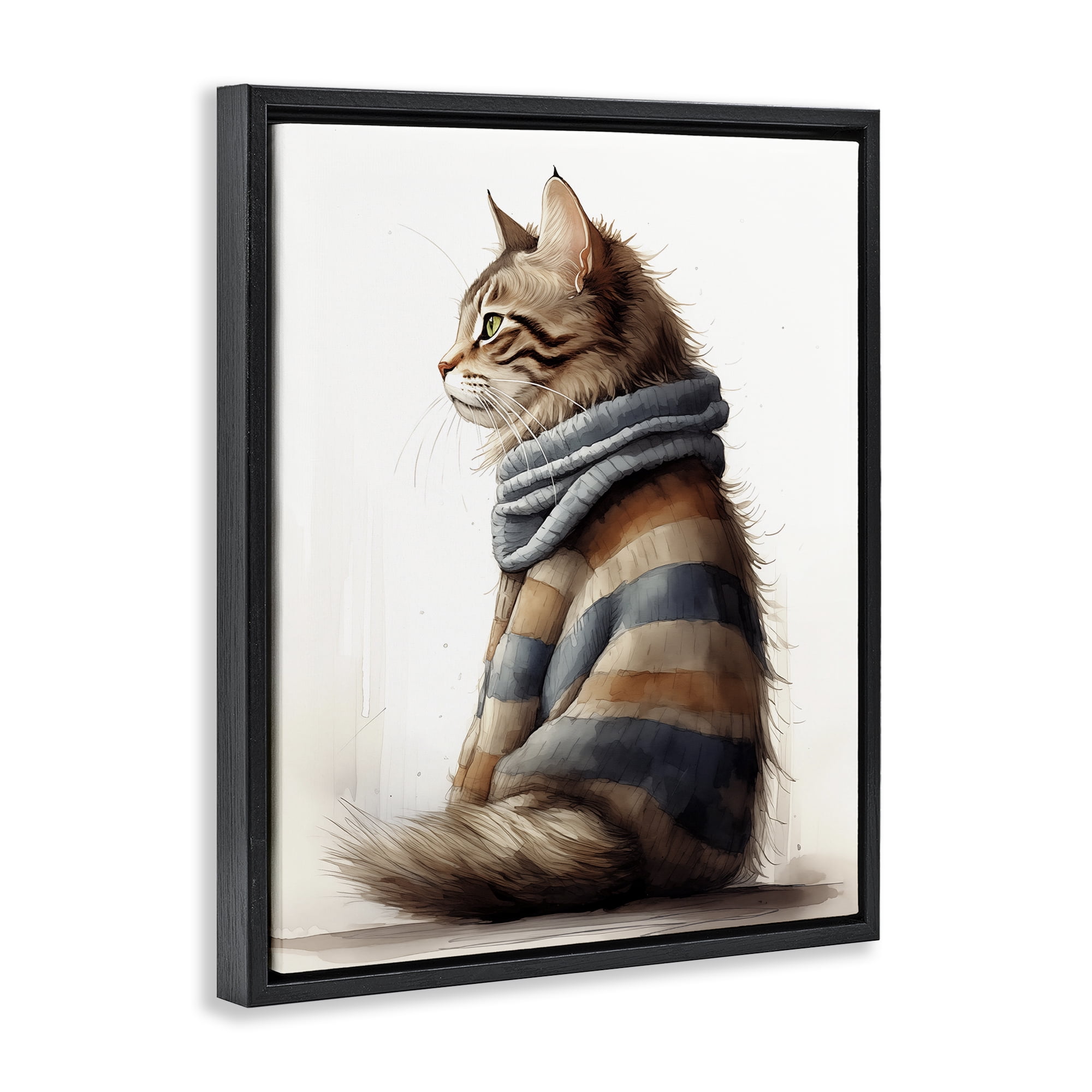 Stupell Industries Cat in Striped Sweater Animals & Insects Painting Black Floater Framed Canvas Art Print Wall Art, 25 x 31