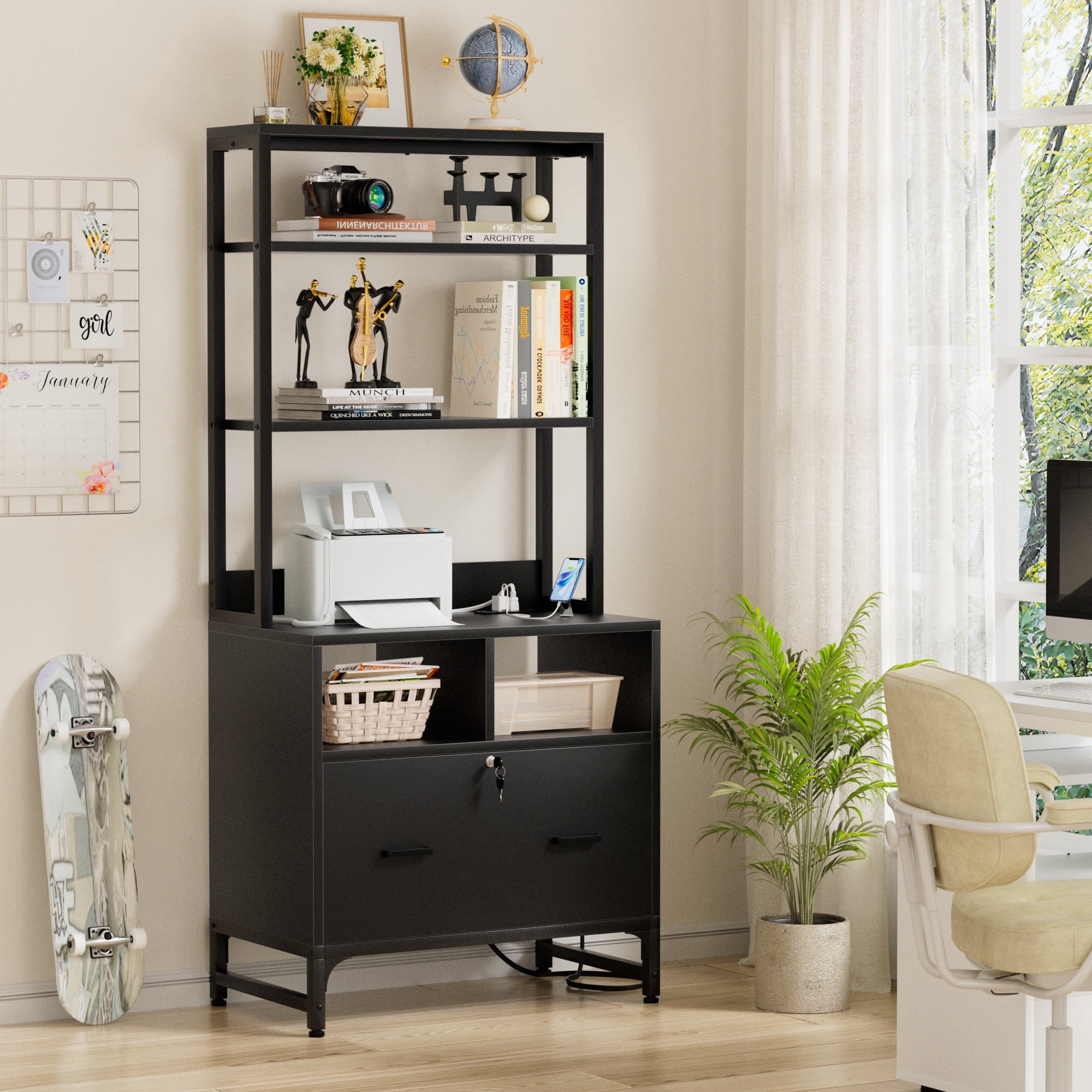 Homieasy File Cabinet with Charging Station, Lockable Vertical Filing Cabinet, Printer Stand with Large Drawer and Storage Shelves, Office Storage for Letter/A4/Legal Size, Black