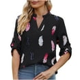 thumbnail image 2 of Summer Tops for Women Viikei Womens Tops Long Sleeve Dressy,Women's New V-neck Feather Print 3/4 Sleeve Loose Tops Shirt Black XL, 2 of 9