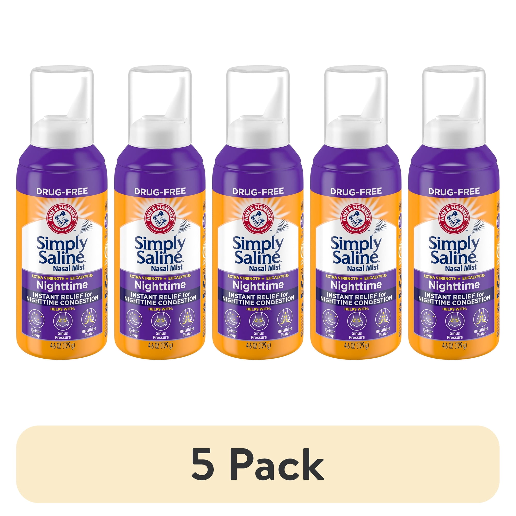 (5 pack) ARM & HAMMER Simply Saline Nighttime Drug-Free Mist for Nasal Congestion at Night, Extra Strength, Calming Eucalyptus, Safe to Use with Rx and OTC, For Adults and Kids Ages 2+, 4.6 oz (129 g)