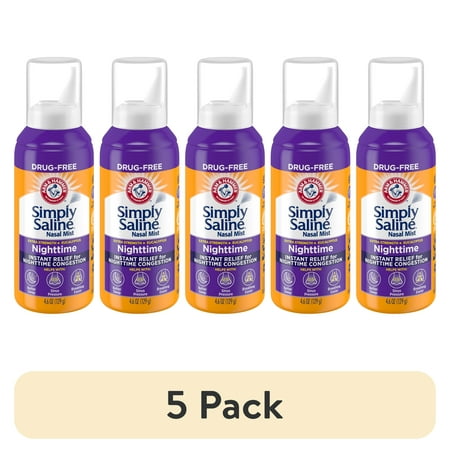 (5 pack) Arm & Hammer Simply Saline Nasal Mist Extra Strength, Nighttime Formula with Eucalyptus, 4.6OZ