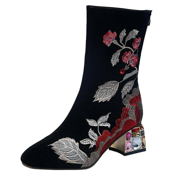 Babysbule Womens Shoes Retro Women Square Heels Cloth Embroidery Boots Zipper Boots Pointed Toe Shoes