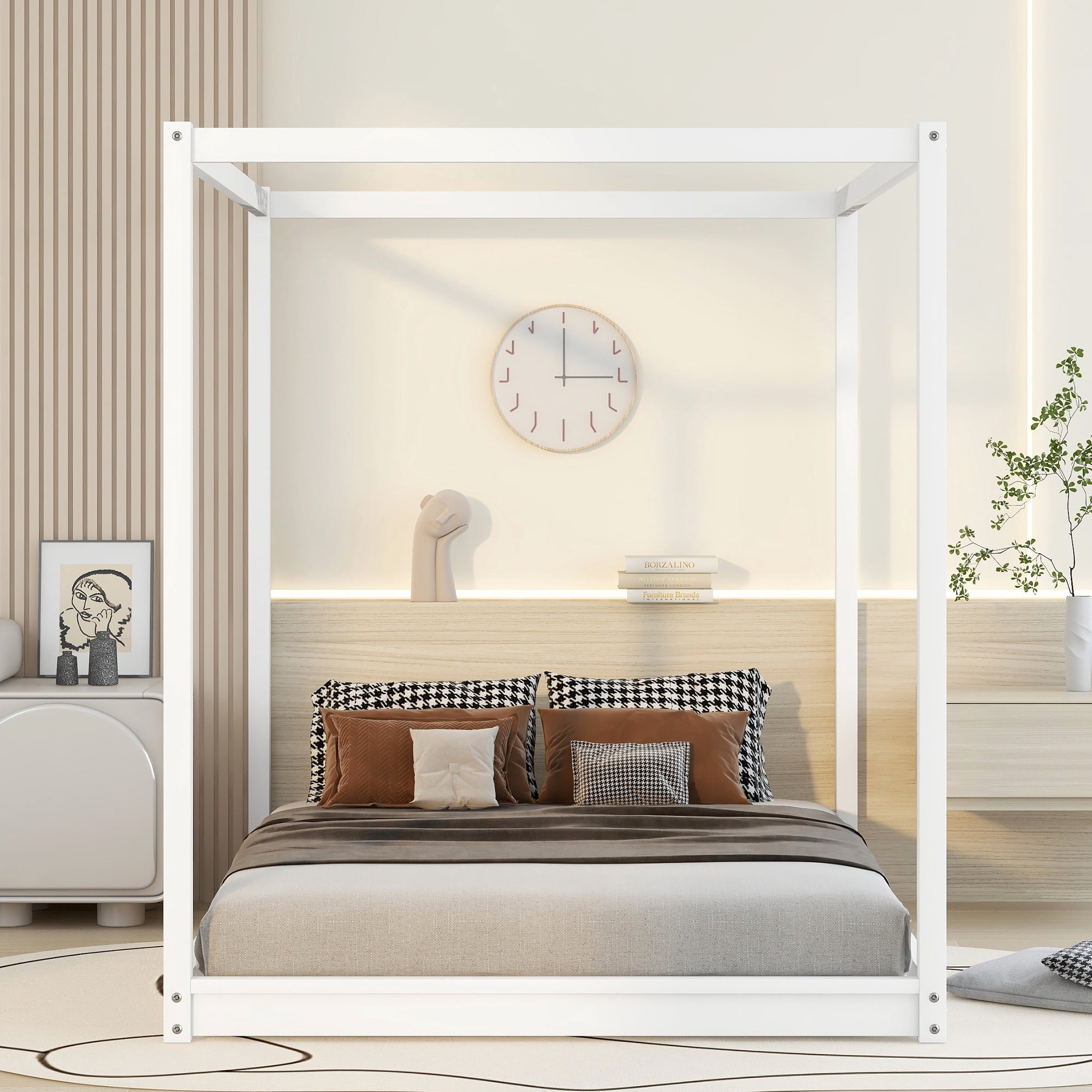 Euroco Wood Queen Size Canopy Bed, White