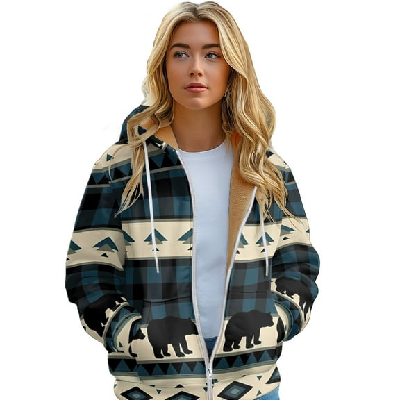 Women's Thickened Hoodie Vintage Style Aboriginal Pattern Printed Zipper Jacket, Warm