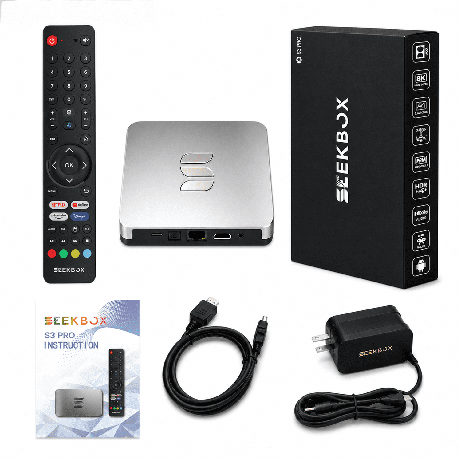 SeekBox 3 Pro External TV Tuner, 4GB RAM + 64GB Storage, Power Cord, Remote Control and User Manual