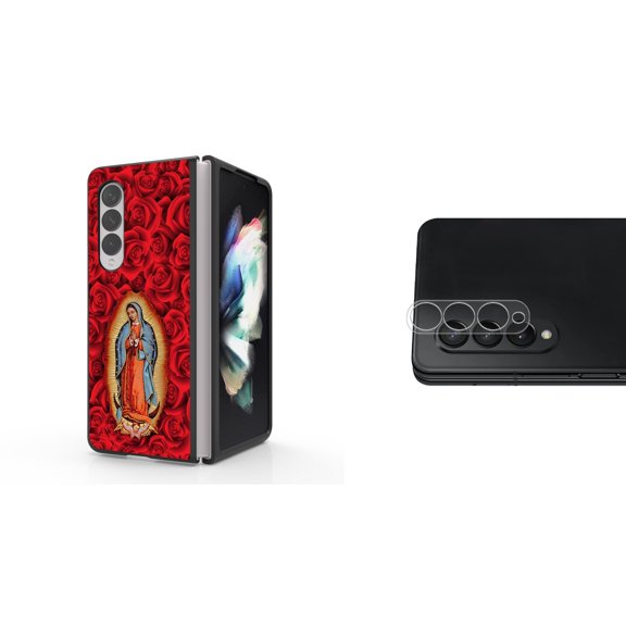 Accessory Bundle for Galaxy Z Fold 4: Slim Snap-On Case (Virgin Mary), Rear Camera Glass Protector