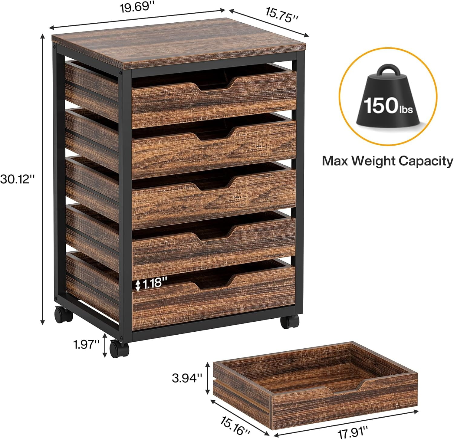 PurelyGoods 5-Drawer File Cabinet, Wood Mobile Storage Drawer Unit, Industrial Office Cabinet with Drawers & Wheels, Rolling Printer Stand for Home Office (Rustic Brown)