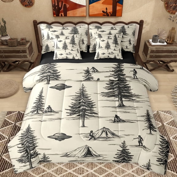 Manfei Kids Jungle Adventure Twin Bedding Sets 7-Piece, Cartoon Mystic Spaceship Bedding Comforter Set, Pebble Grey Pine Tree Reversible Sheet Sets, Luxury Bedroom Decor