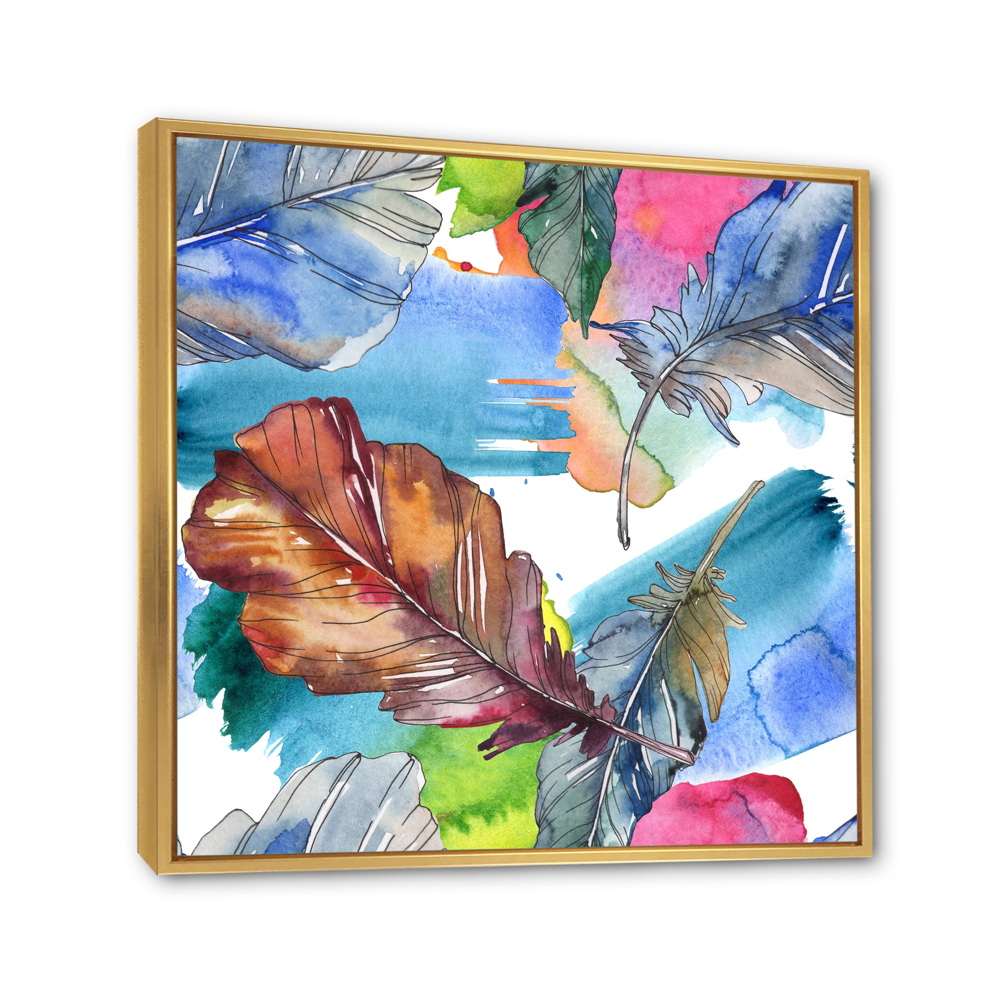 Bird Feather In Pink and Blue 30 in x 30 in Framed Painting Canvas Art Print, by Designart