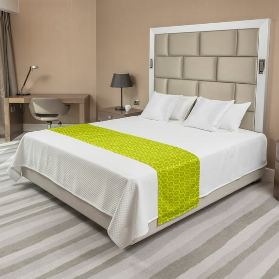 Retro Bed Runner, Continued Demonstration of Repetitive Circles in Summer Tones Abstract Art, Decorative Accent Bedding Scarf for Hotels Homes and Guestrooms, King, Yellow Green, by Ambesonne