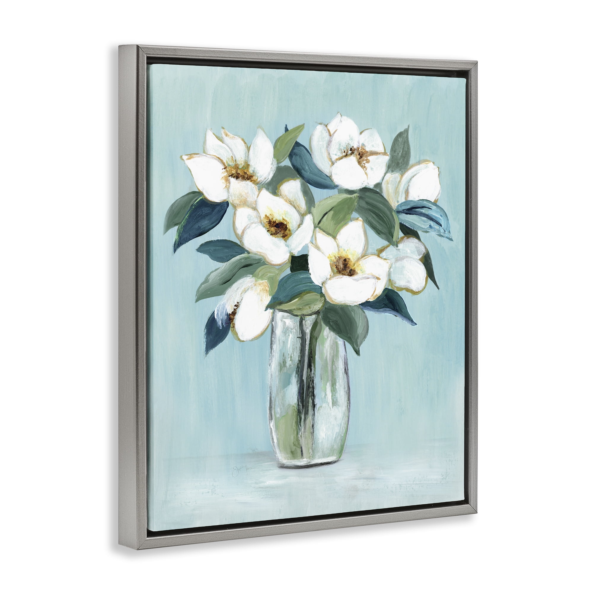 Stupell Industries Magnolia Blossoms on Blue Gray Framed Floater Canvas Wall Art, design by Janet Tava