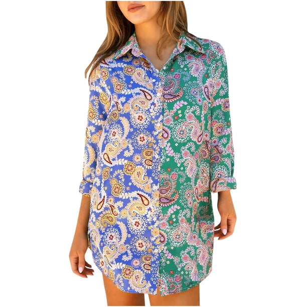 Blusa de manga larga con botones y cuello vuelto estampado para mujer a la moda Fridja fjkfkj7829