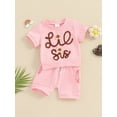 thumbnail image 3 of Suealasg 2Pcs Kids Girl Summer Clothes Short Sleeve Letter Flower Embroidery Tops Solid Color Shorts Sister Matching Outfits 6M 1T 2T 3T 4T Little Girl Casual Beach Outfits, 3 of 9
