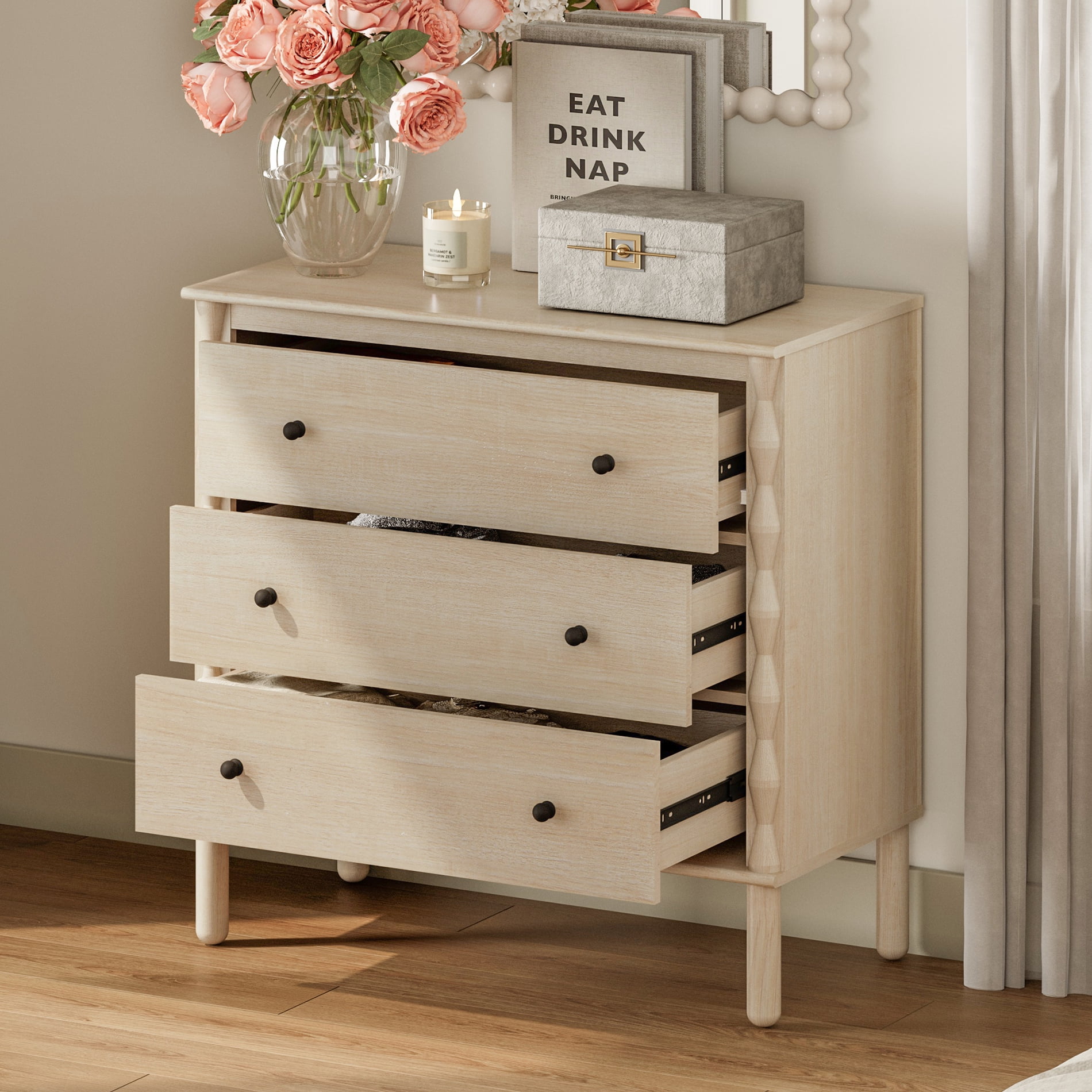 PRE-ASSEMBLED Drawer Glides & Anti-Tip Kit 3 Drawer Dresser for Bedroom，Natural