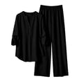 thumbnail image 2 of Cagogo Women Plus Size 2 Piece Set V Neck Long Sleeve Shirt Wide Leg Pants Casual Loose Outfits Solid Basic Matching Lounge Tracksuits Comfy Travel Airport Clothes, Black L, 2 of 7
