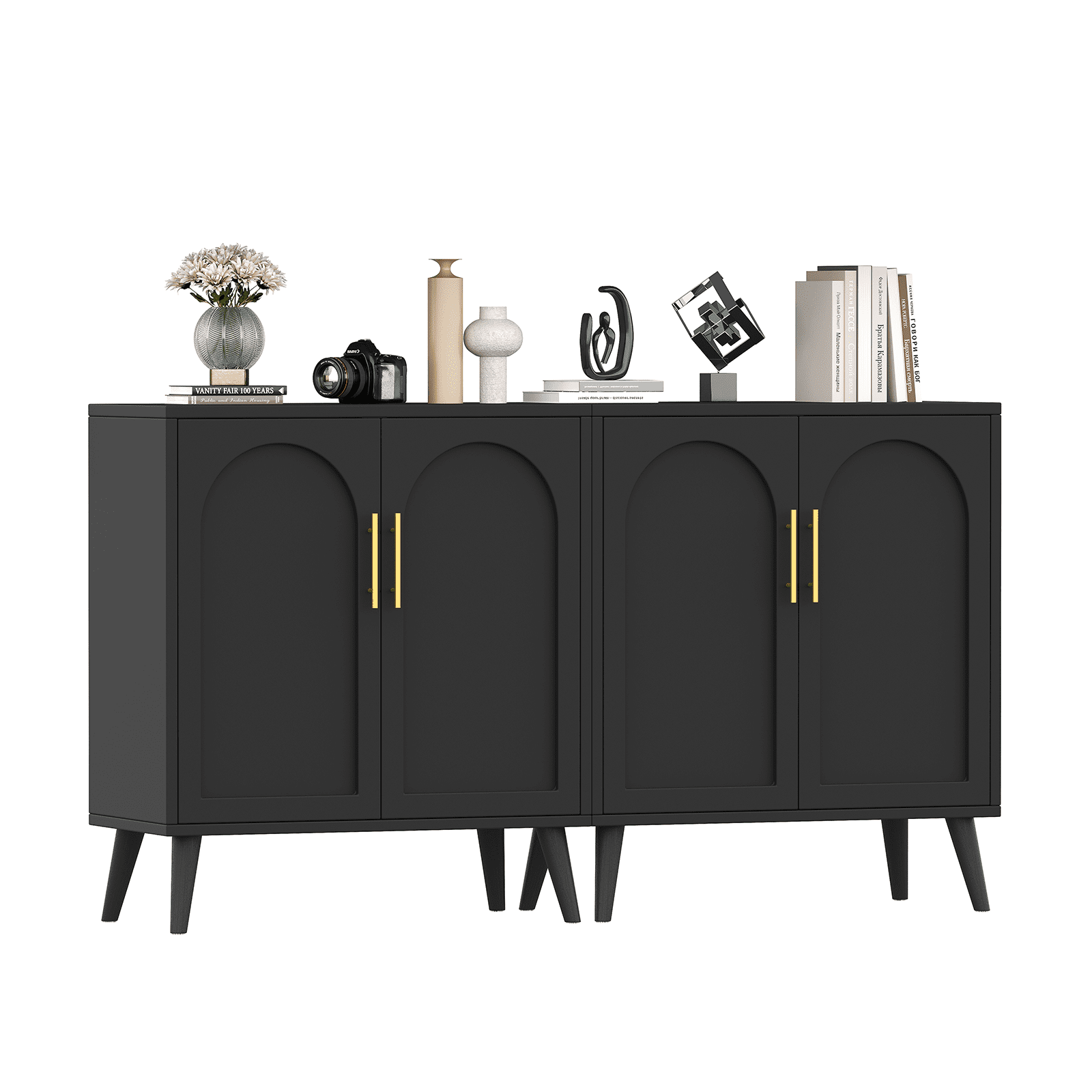 Rovaurx Set of 2 Storage Cabinet with 4 Doors, Accent Bathroom Floor Cabinet, Modern Sideboard Buffet Cabinet for Living Room, Entryway, Dining Room and Kitchen, Black