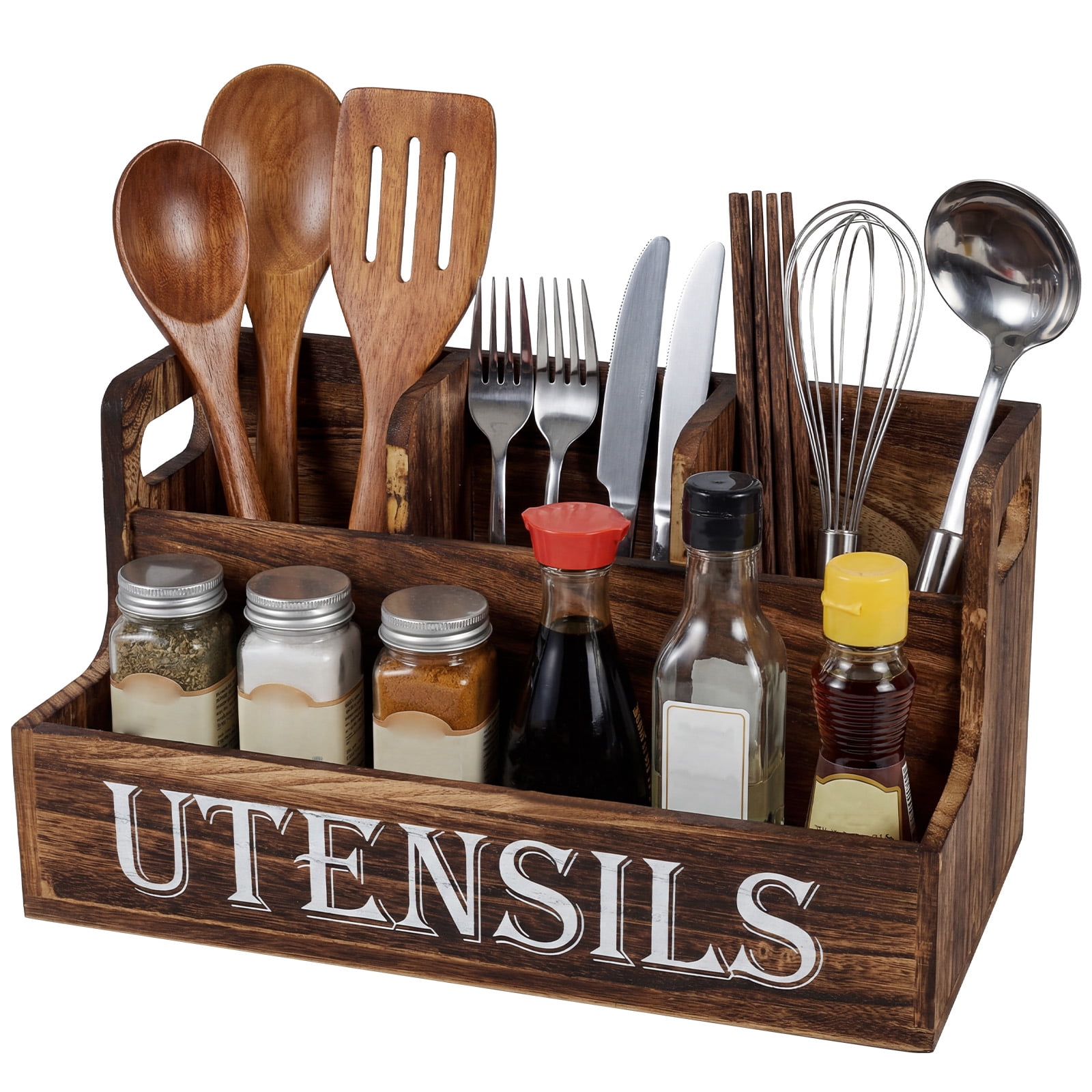 FUYGRCJ Innovation 2 Layers Kitchen Utensil Holder, Extra Large Wooden Utensil Organizer with 4 Compartments, Rustic Cooking Utensil Spatula Caddy for Silverware, Spoons, Cooking Tools Spice Storage