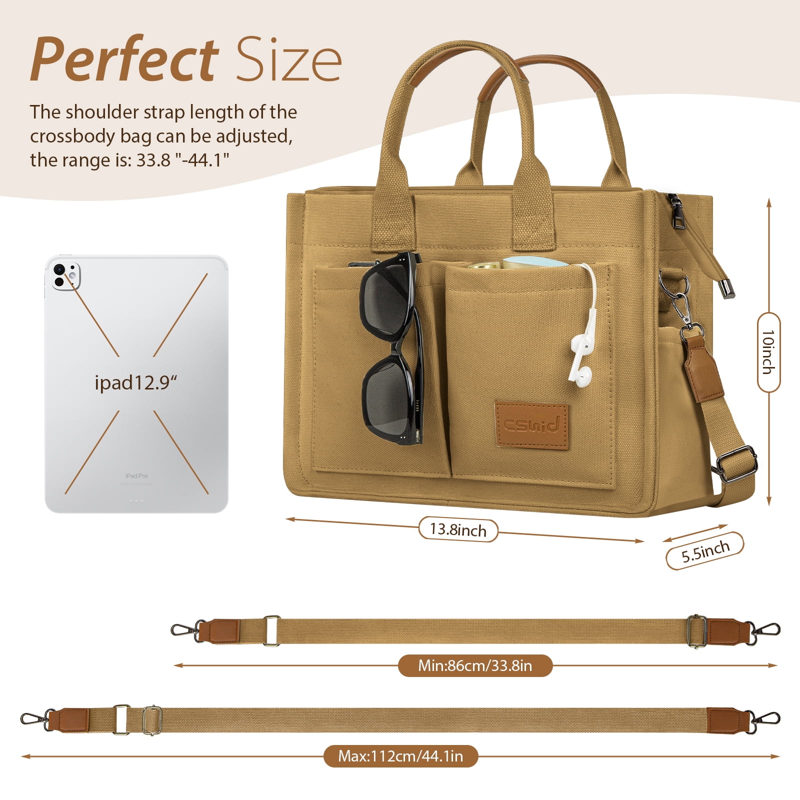 Cshidworld Canvas Tote Bag for Women With Side Pockets, Laptop Work Crossbody Everyday Satchel, Purses Shoulder Tote Bag Everyday Satchel Handbags Messenger for Travel Nurse College Gift, Brown