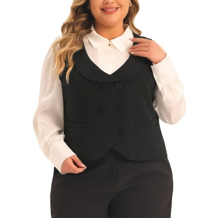 Agnes Orinda Women's Plus Size Suit Vest Double Breasted Vintage Lapel Collar Dressy Waistcoat Vest with 2 Pockets 1X Black