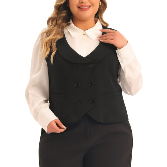Agnes Orinda Women's Plus Size Suit Vest Double Breasted Vintage Lapel Collar Dressy Waistcoat Vest with 2 Pockets 1X Black