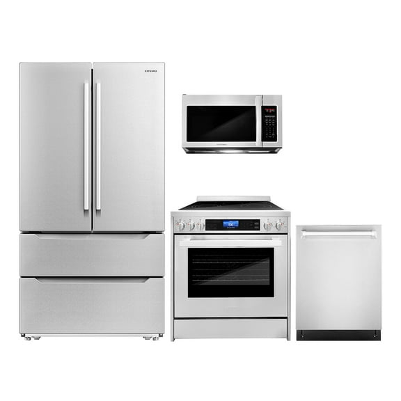 Cosmo 4 Piece Kitchen Appliance Package with 30" Over The Range Microwave 30" Freestanding Electric Range 24" Built-in Integrated Dishwasher & French Door Refrigerator Kitchen Appliance Bundles