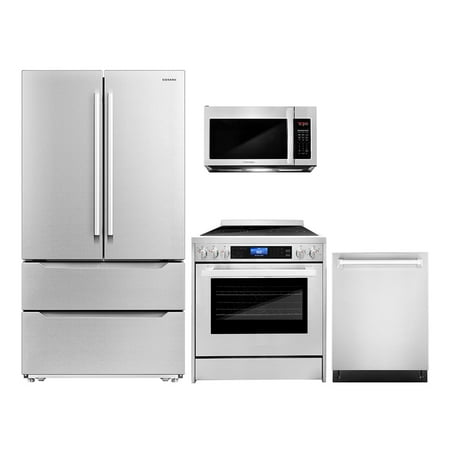Cosmo 4 Piece Kitchen Appliance Package with 30  Over The Range Microwave 30  Freestanding Electric Range 24  Built-in Integrated Dishwasher & French Door Refrigerator Kitchen Appliance Bundles