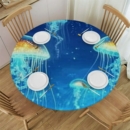 

Palnkart Jellyfish Bioluminescence Stars Round Tablecloth Waterproof Outdoor Fitted Stain Resistant Washable for Indoor and Outdoor Restaurants Weddings Parties 54 -58