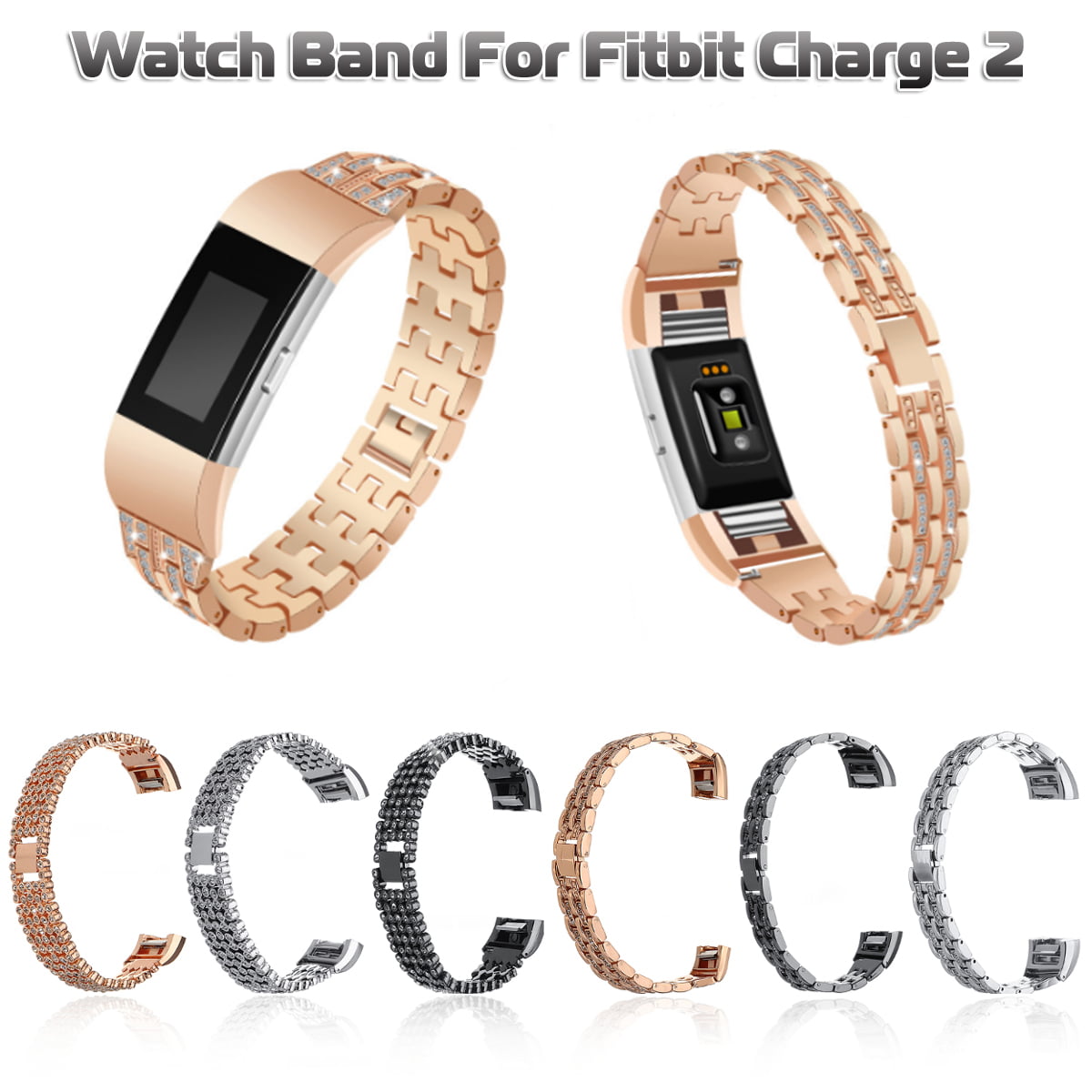 Swees Black Metal Bling Gems Band Fitbit Charge 2 